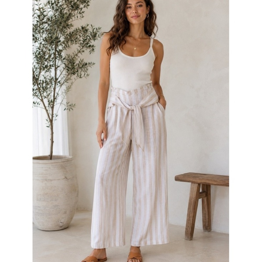 JUNE & HUDSON.‎ Wide leg. Linen/ Cotton/Rayon  light beige/white Striped.S.